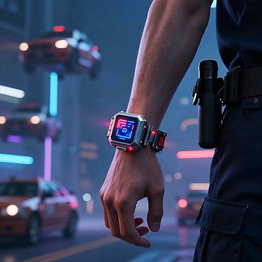 Close-up photograph of a man's arm wearing a glowing blue 