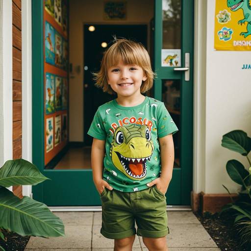 Smiling Toddler Boy in Dinosaur Shirt