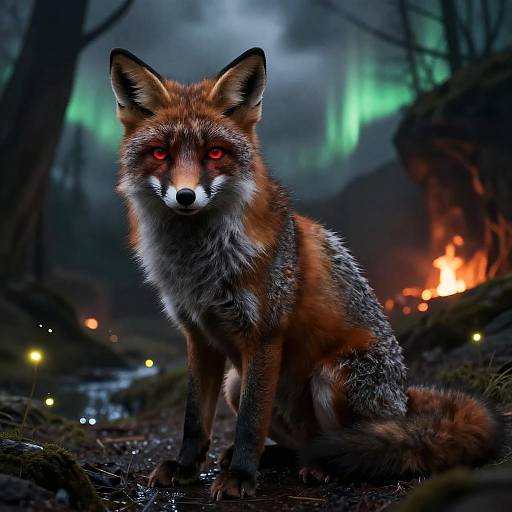 Feral Fox with Glowing Red Eyes in Dark Cave