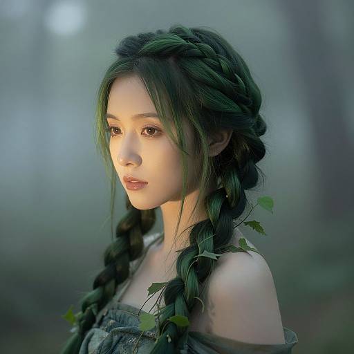 Digital portrait of a young woman with fair skin, green braided hair, and off-shoulder gray dress, standing in a misty forest.