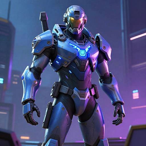 CGI image of a futuristic, blue and purple armored humanoid robot with glowing yellow visor, standing in a neon-lit urban environment.