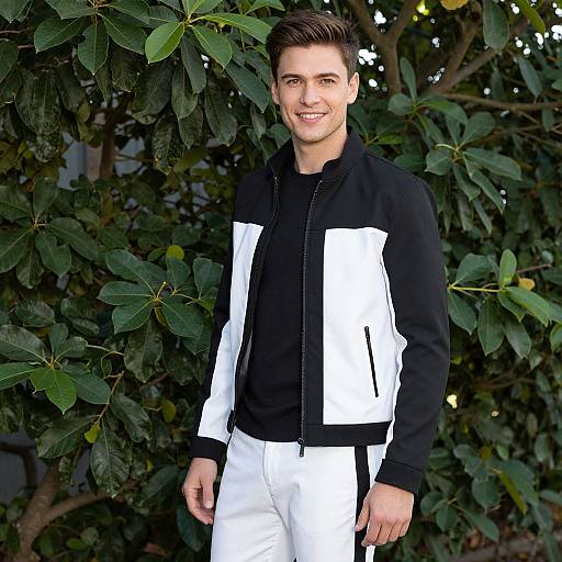 Photograph of a smiling young man with short brown hair, wearing a black and white jacket, black shirt, and white pants, standing in front of