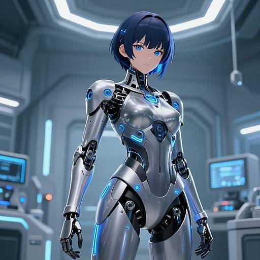 Digital anime-style drawing of a blue-haired, blue-eyed female cyborg with silver and black armor, glowing blue accents, in a futuristic lab.