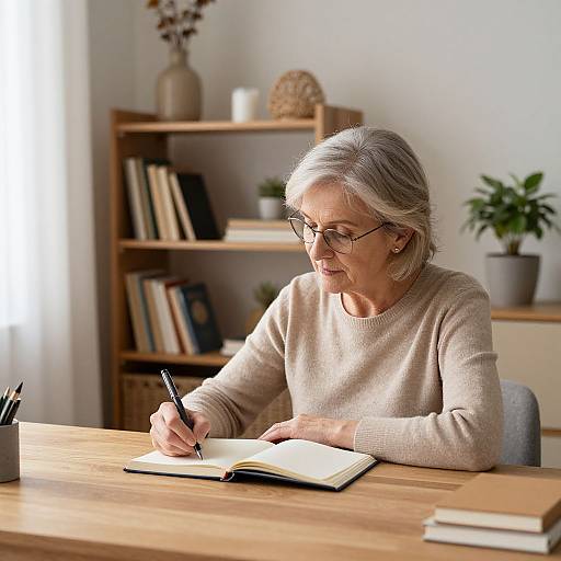 Photograph of an elderly woman with gray hair, glasses, and beige sweater, writing in a notebook at a wooden desk.