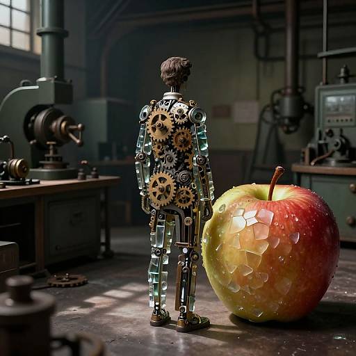 Photograph of a metallic humanoid robot with gear-filled back, standing beside a large, glass-textured apple in a dimly lit industrial workshop.