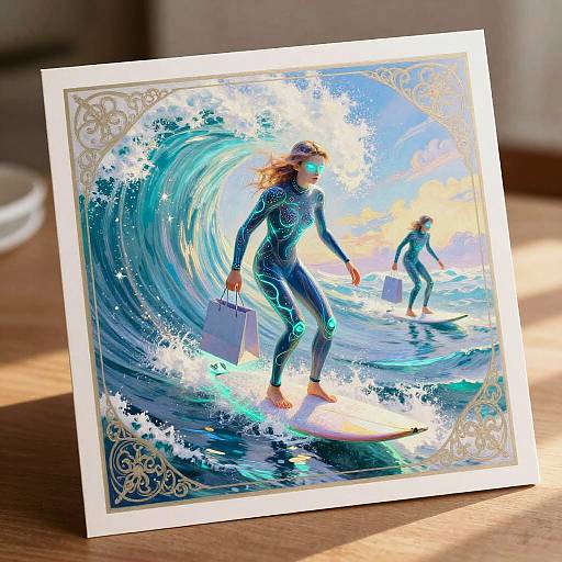 Futuristic Surfers on Bioluminescent Waves