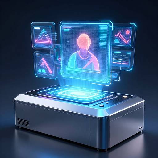 Digital CGI image of a futuristic, glowing blue holographic device displaying a neon silhouette of a person with neon symbols around.