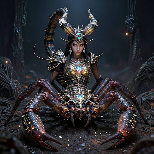 CGI fantasy image of a fierce female warrior with spider-like legs, glowing armor, and horned helmet, sitting in a dark, mystical forest.