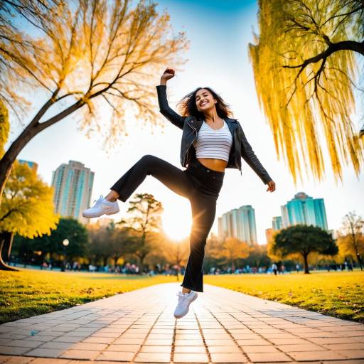 Joyful Young Woman Jumping in Urban Park