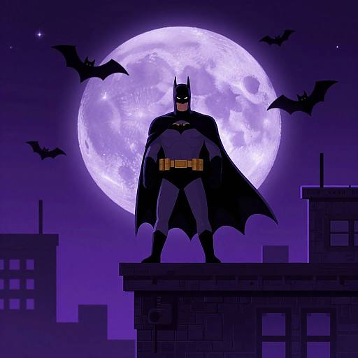 Digital art: Dark Batman stands on rooftop, silhouetted against full moon, with bats flying nearby, in a purple night sky.
