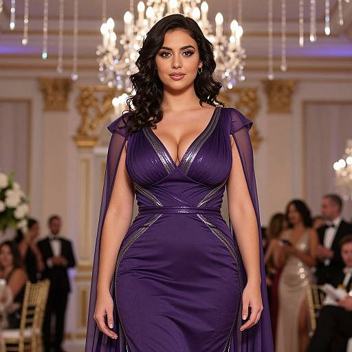 Photograph of a curvy, dark-haired woman with large breasts in a deep purple, V-neck evening gown, walking a glamorous fashion runway with ch