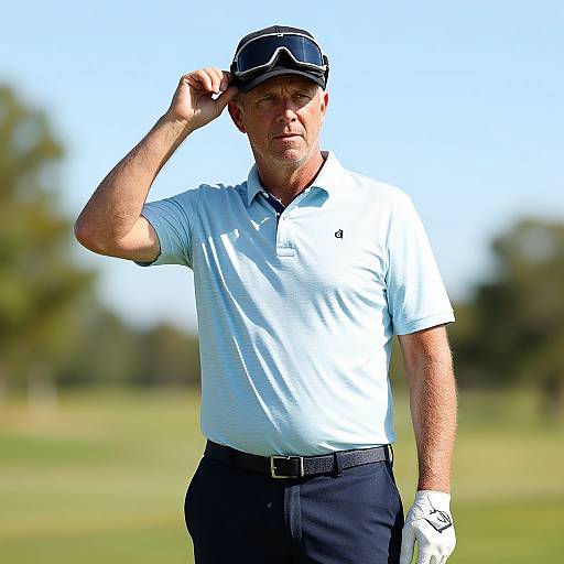 Photograph of a middle-aged Caucasian man in a light blue polo shirt, black pants, and white gloves, adjusting his cap on a sunny golf course