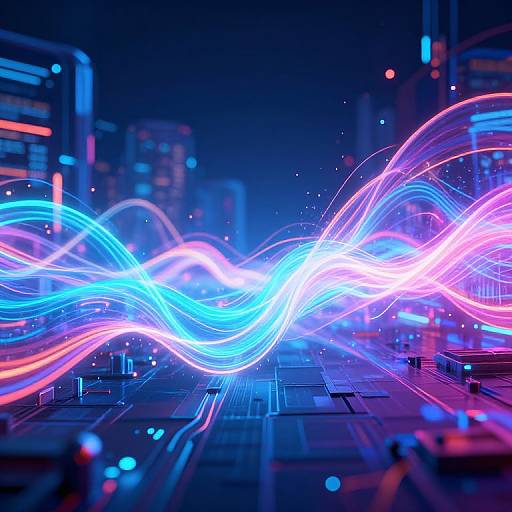 Neon light trails in vivid blue, pink, and purple swirl across a futuristic cityscape at night, with blurred buildings in the background. Digital art