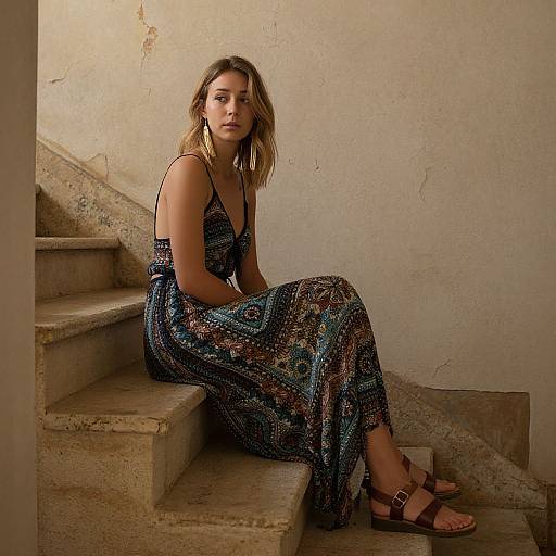 Photograph of a blonde woman with light skin, wearing a patterned, sleeveless maxi dress and brown sandals, sitting on worn, beige stairs in