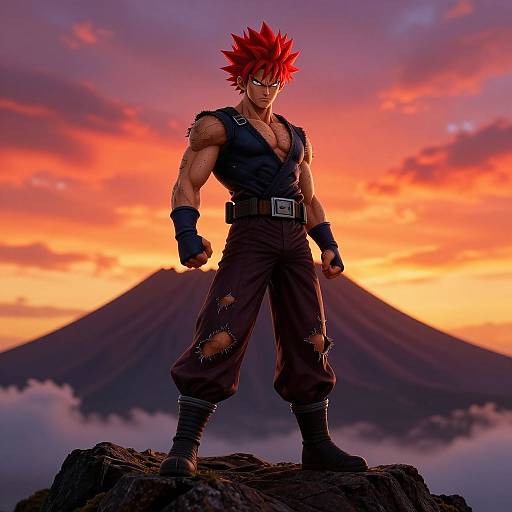 Digital art of muscular, red-haired anime character with spiky hair, black vest, and torn pants, standing on rock against sunset sky with mountain background
