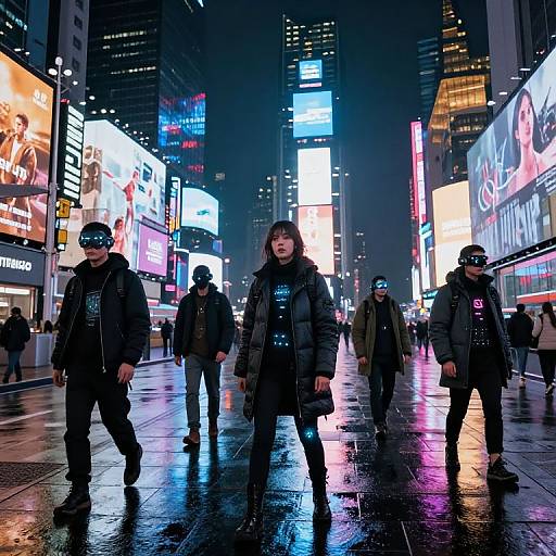 Photograph of a rainy night in a brightly lit, bustling city street with four people in dark coats walking, surrounded by neon billboards reflecting on the