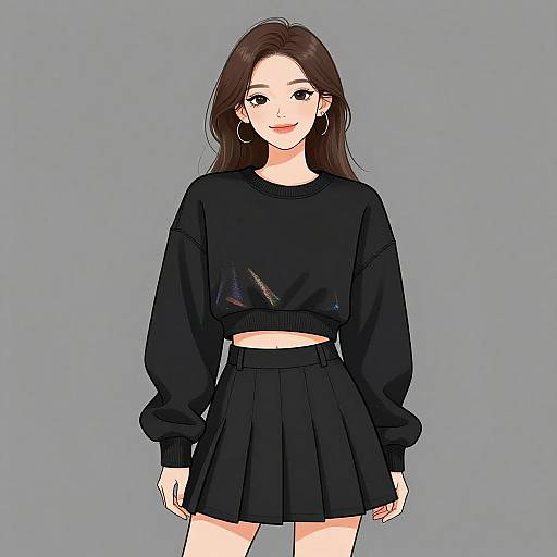 Digital anime-style drawing of a smiling young woman with long brown hair, wearing a black long-sleeve crop top and black pleated skirt, against