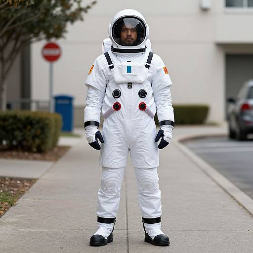Photograph of a bearded man in a white astronaut suit with a black helmet, standing on a suburban sidewalk. Background includes a stop sign, bushes