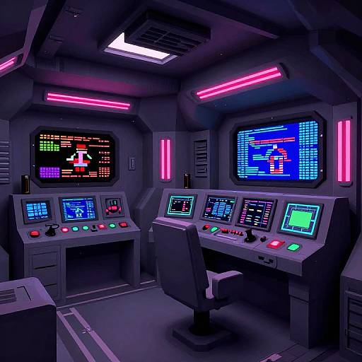 Photograph of a retro sci-fi spaceship cockpit with neon pink lights, colorful digital screens, and grey control panels, featuring a black swivel chair in
