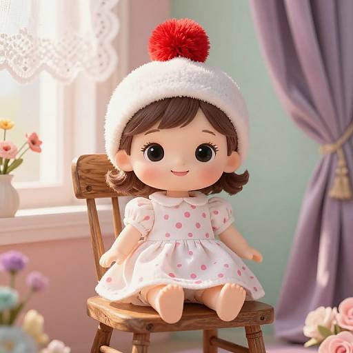 Photograph of a cute, digital doll with brown hair, large black eyes, wearing a white polka-dot dress and a white hat with a red