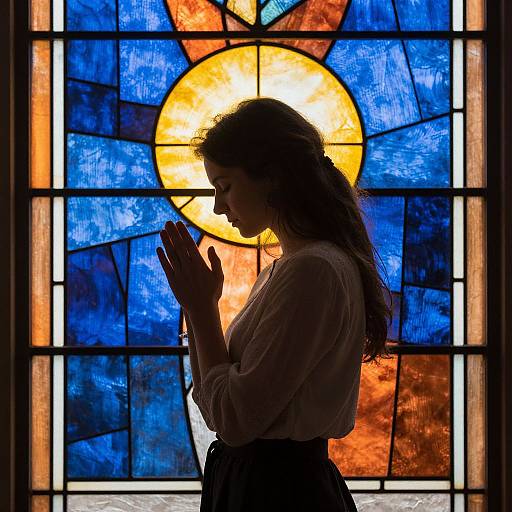 Silhouetted woman in profile, hands raised in prayer, against vibrant stained glass window with a glowing yellow sun in blue and orange. Photograph.