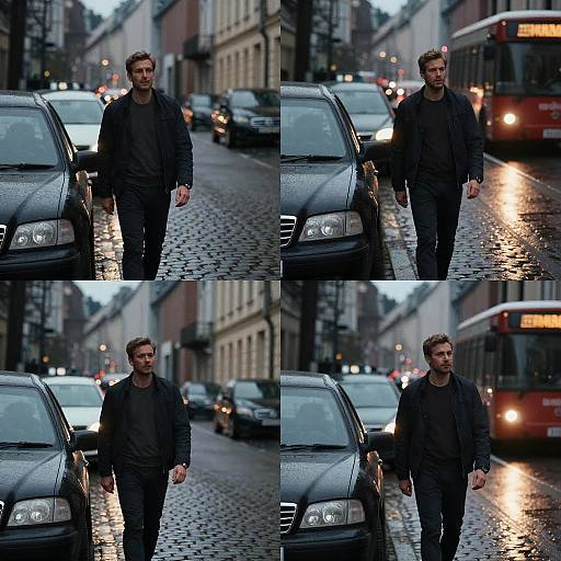Photograph collage of a serious, short-haired man in a black jacket and dark shirt walking on a wet, cobblestone street with cars and a