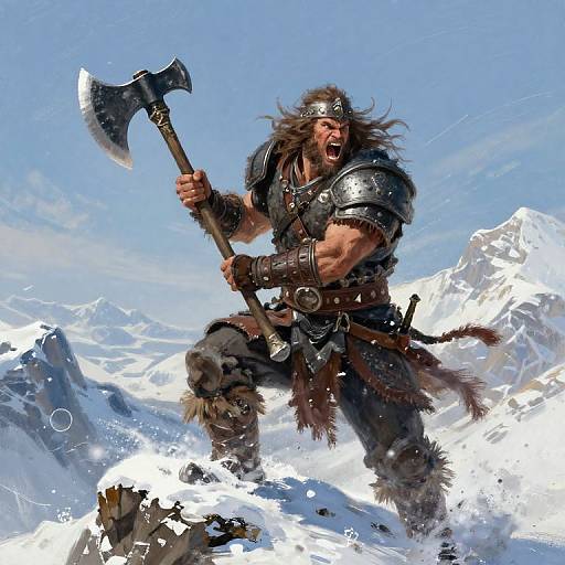 Digital painting of a fierce, bearded warrior with long brown hair, wearing metal armor and fur loincloth, wielding an axe in snowy mountains.