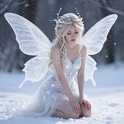 Photograph of a fair-skinned, blonde woman with ethereal, translucent wings, wearing a sparkling white dress, kneeling in a snowy forest.