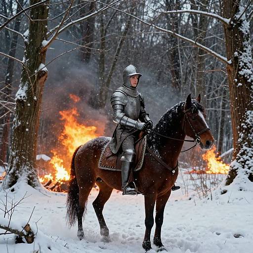 Photograph of armored knight in silver armor riding a dark brown horse, amidst a forest fire, with snow-covered ground and trees.