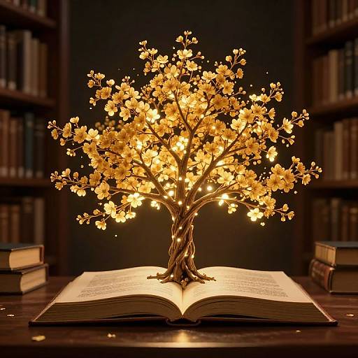 Photograph of a glowing, golden cherry blossom tree emerging from an open book, surrounded by stacked books in a dim library.