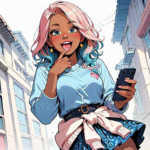 Happy Gyaru Girl with Split-Dyed Hair Using Phone