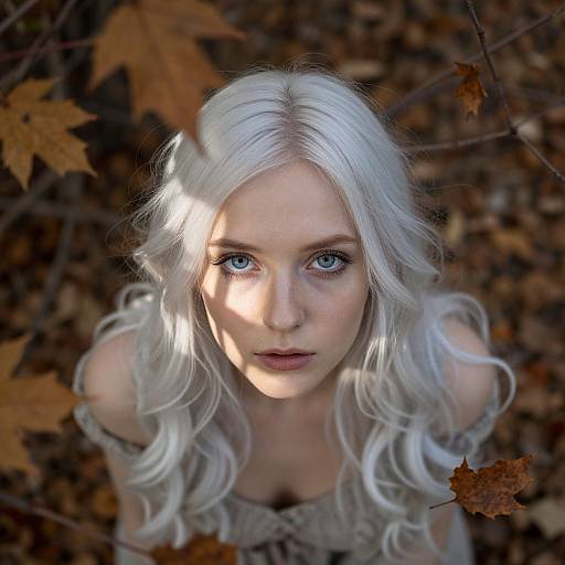 Photograph of a pale-skinned woman with long, wavy platinum blonde hair and striking blue eyes, looking up, surrounded by autumn leaves, d
