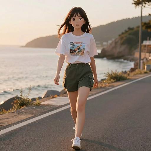Anime-style Girl Walking by Coastal Road at Sunrise