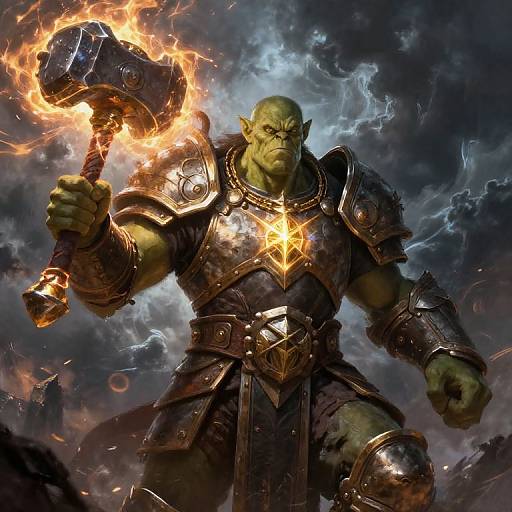 Digital artwork of a muscular green orc warrior with glowing armor, wielding a flaming war hammer, standing against a stormy, electrified sky.