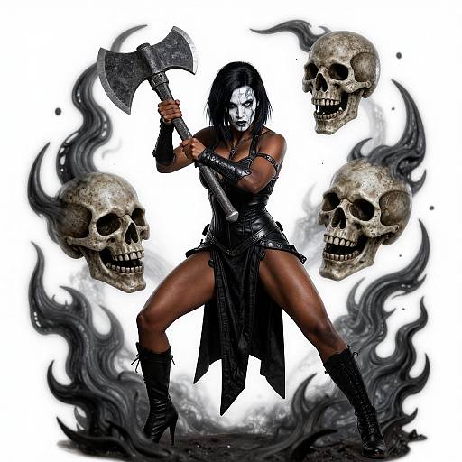 Digitally illustrated woman with white face paint, black leather outfit, and axe, surrounded by floating skulls and black smoke. Dynamic, fierce pose. Dark