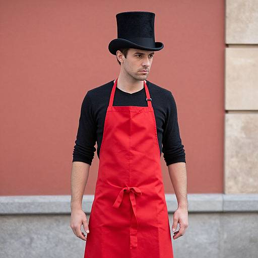 Photograph of a young man with fair skin, wearing a black top hat, black long-sleeve shirt, and bright red apron, standing