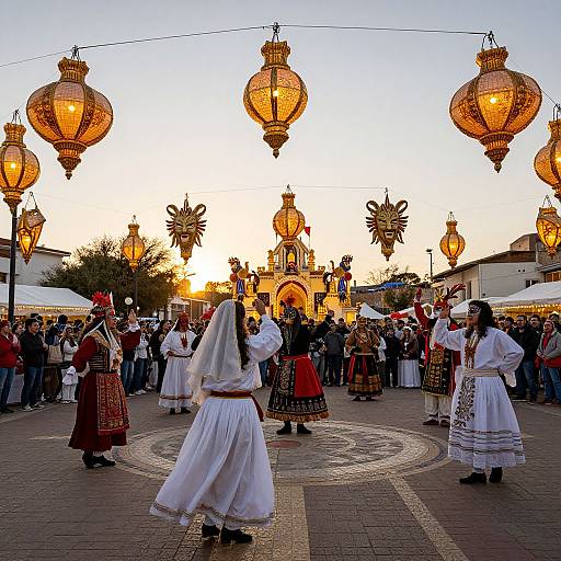 Photograph of a vibrant outdoor cultural festival with traditional dancers in white and red costumes, surrounded by glowing lanterns at sunset, in front of an orn
