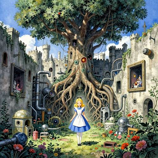 Digital anime-style illustration: A blonde girl in a blue and white dress stands before a towering, root-covered tree in a whimsical, steampunk