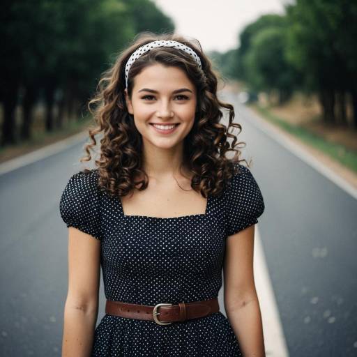 Smiling Woman in Polka Dot Dress on Road