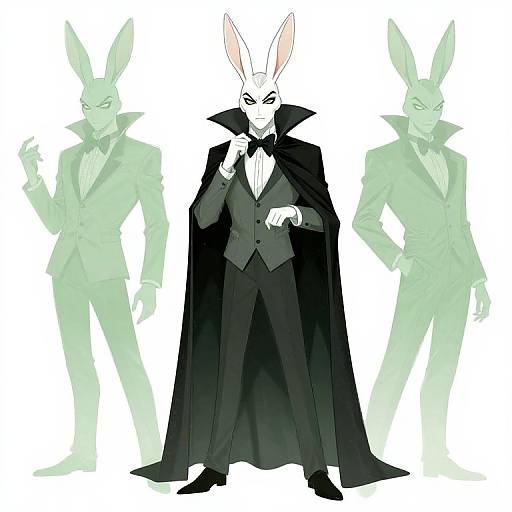 Digital illustration of a white anthropomorphic rabbit in a black tuxedo and cape, standing confidently with a hand on his chin, surrounded by two translucent