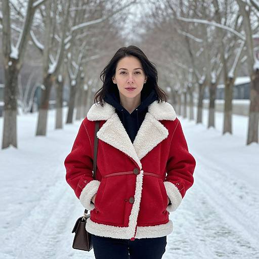 Photograph of a dark-haired woman in a red, fluffy-lined coat, standing in a snowy park with bare trees in the background.
