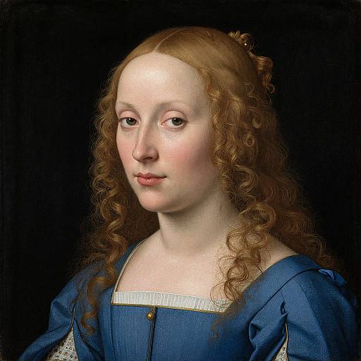 Renaissance-style portrait of a pale-skinned, red-haired woman with curly hair, wearing a blue dress with white lace, against a black background