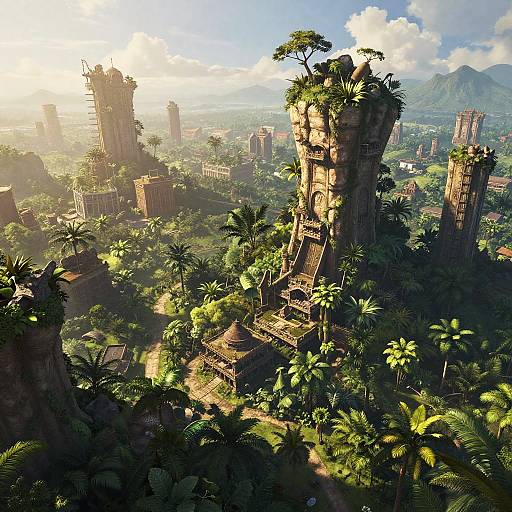 Photorealistic CGI of a lush, ancient jungle city with towering, tree-covered ruins, sunlight filtering through clouds, and distant mountains.