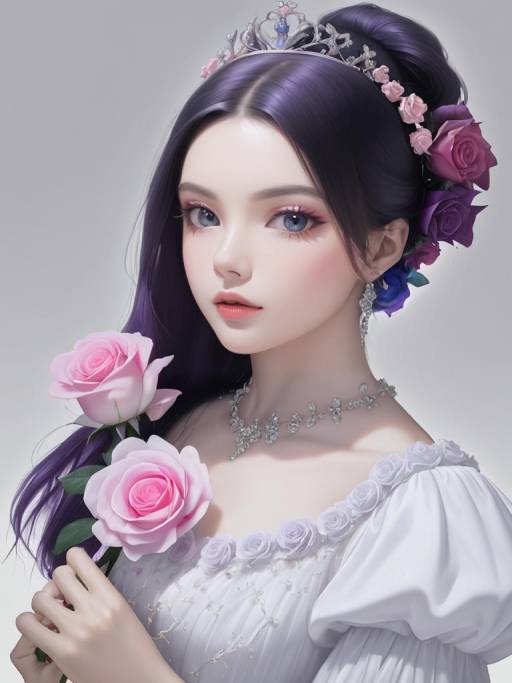 Young Woman in White Dress Holding Pink Roses