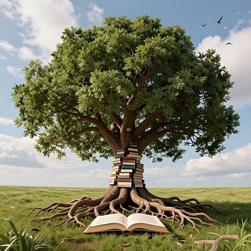 Photorealistic CGI of a tree with books stacked around its trunk, and an open book at its base, under a bright blue sky with clouds and