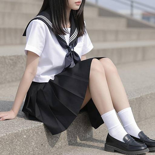 Japanese Schoolgirl Sitting on Concrete Steps