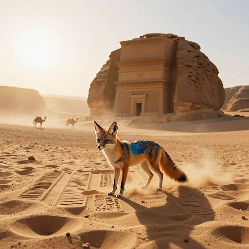 Sapphire-winged desert fox at ancient sandstone ziggurat