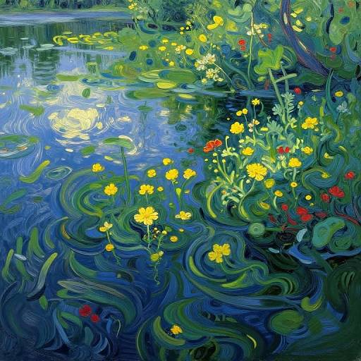 Vibrant digital painting of a reflective pond with swirling blue and green water, yellow and red flowers, and lush greenery.