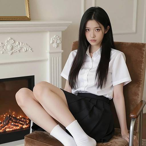Portrait of Young Asian Woman Sitting by Fireplace