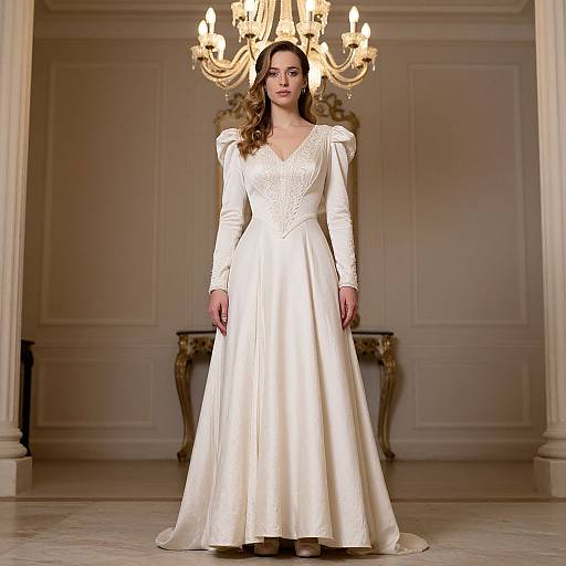 Photograph of a woman in a white, long-sleeved, V-neck wedding dress with intricate lace detailing, standing in an elegant, chandelier